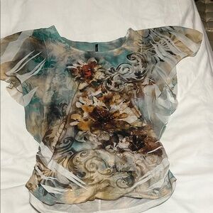 Espresso Graphic Ruched Flutter Sleeve Blouse in Green and Brown